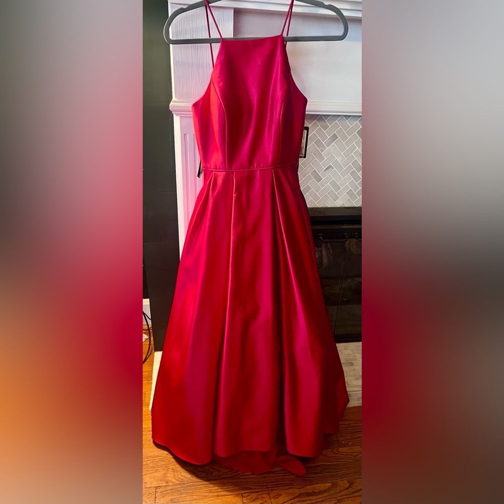 Betsy & Adam Red A-line Halter Dress for Prom